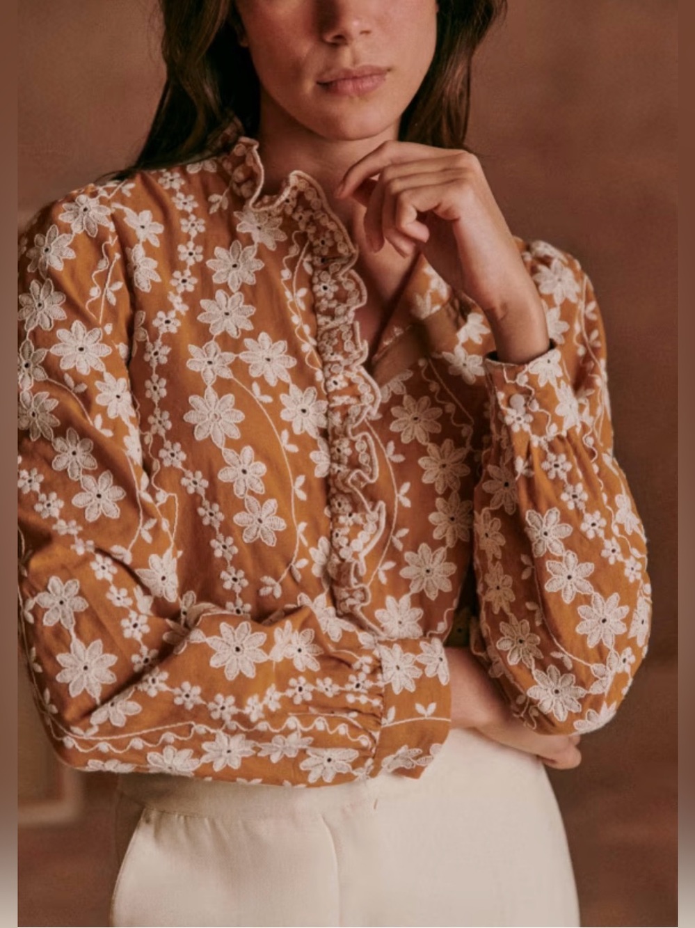 Sezane Mathilda Shirt Size 44 Dark Ochre Embroidered Floral Cotton Blouse Ruffle
